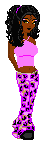 a 'prep' style pixel doll with dark skin and long curly black hair in a partial ponytail, wearing a pink halter top and pink leopard-print flared pants.