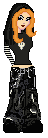 a 'prep' style pixel doll with light skin and long wavy black hair with orange streaks. wearing a black tee shirt with a skull decal over a long-sleeve shirt with black and white striped sleeves, and baggy black jeans with a studded belt and wallet chains.