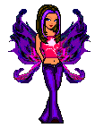 a 'prep' style pixel doll with large purple fairy wings, medium-light skin, and long straight brown hair with purple streaks. wearing a pink tube top and purple flare jeans.