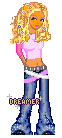 a 'prep' style pixel doll with medium-light skin and long wavy blond hair, wearing a pink baseball tee and light blue flare jeans with several pink belts. text near her knee says 'dreamer'.