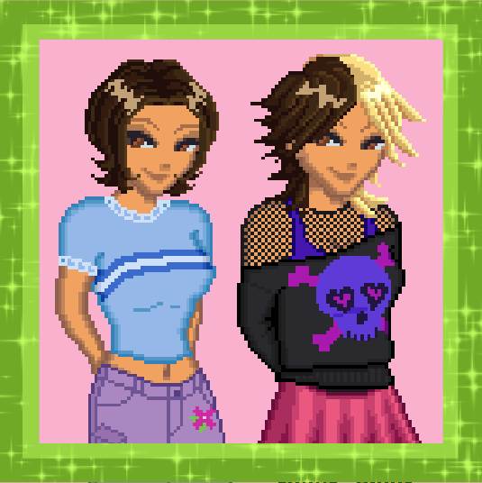 two pixel dolls modeling various clothes & hair styles
