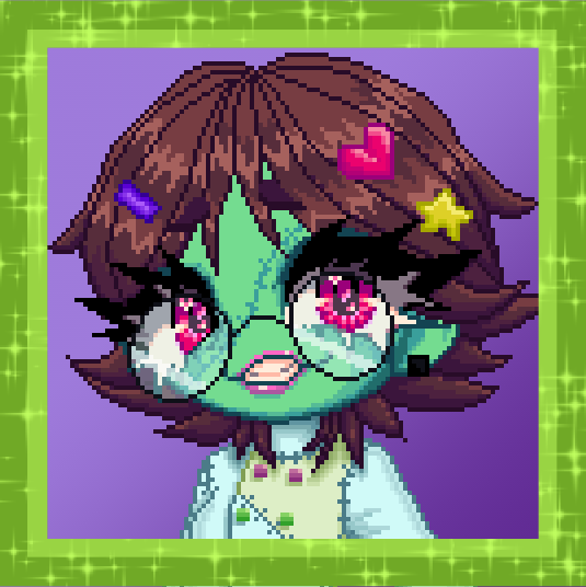 pixel art of the Frankencycled mascot, a grinning femme person with stitched-up green skin, shaggy brown hair, and glasses, from the shoulders up.