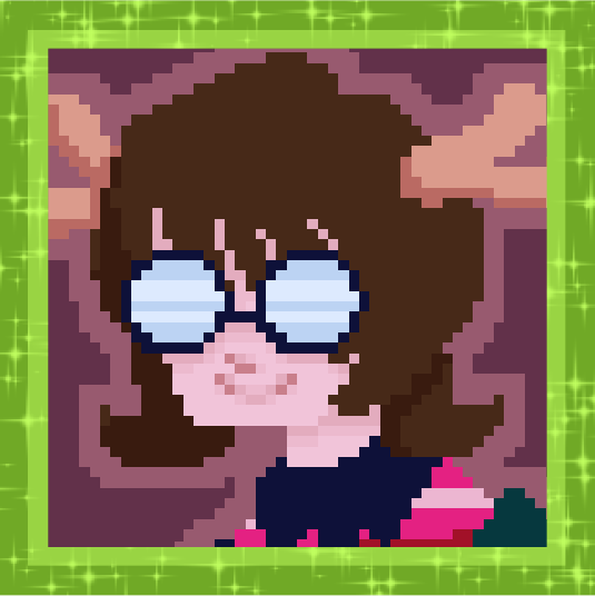 pixel art of a child with brown hair, big round glasses, and light skin, wearing fake reindeer antlers