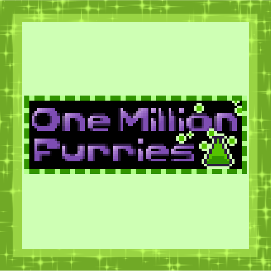 an 88 by 31 pixel website button reading 'One Million Furries,' purple, black and green, with a flask full of bubbling green liquid in the lower right hand corner