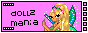 a pink 88 by 31 pixel website button reading 'dollz mania,' with a pixel doll from the shoulders up on the right side. the doll has light skin, long blond hair, and teal fairy wings.