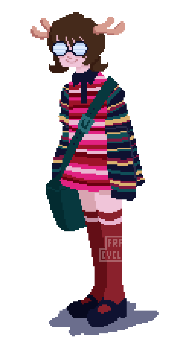 pixel art of a preteen kid with light skin, brown hair in pigtails, and glasses, wearing fake reindeer antlers. they are standing with a green messenger bag over their shoulder and wearing a dress with horizontal stripes in hot pink, red, and white; a zip-up sweater with horizontal stripes in navy blue, green, yellow, and gray; and red stockings.