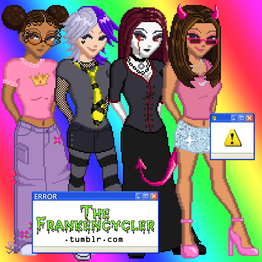 an illustration of four pixel dolls on a rainbow background. two Windows XP-style windows appear in the foreground. the leftmost window is titled 'Error' and its content reads 'The Frankencycler dot Tumblr dot com.' the rightmost window is untitled and contains only an icon of a yellow caution sign with a black exclamation point.