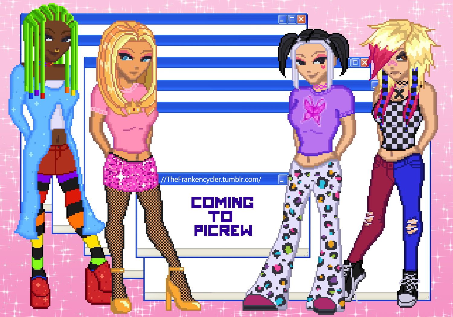 an illustration of four pixel dolls standing in front of a stack of blank Windows XP-style windows. the front-most window is titled 'The Frankencycler dot Tumblr dot com,' and its content reads 'coming to Picrew.'
