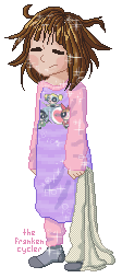 an animated glittering cartoon illustration of a young child with light skin and messy brown shoulder-length hair, wearing a pink and purple Powerpuff Girls nightgown and limply holding a small white knitted blanket. their eyes are closed and they look sleepy.
