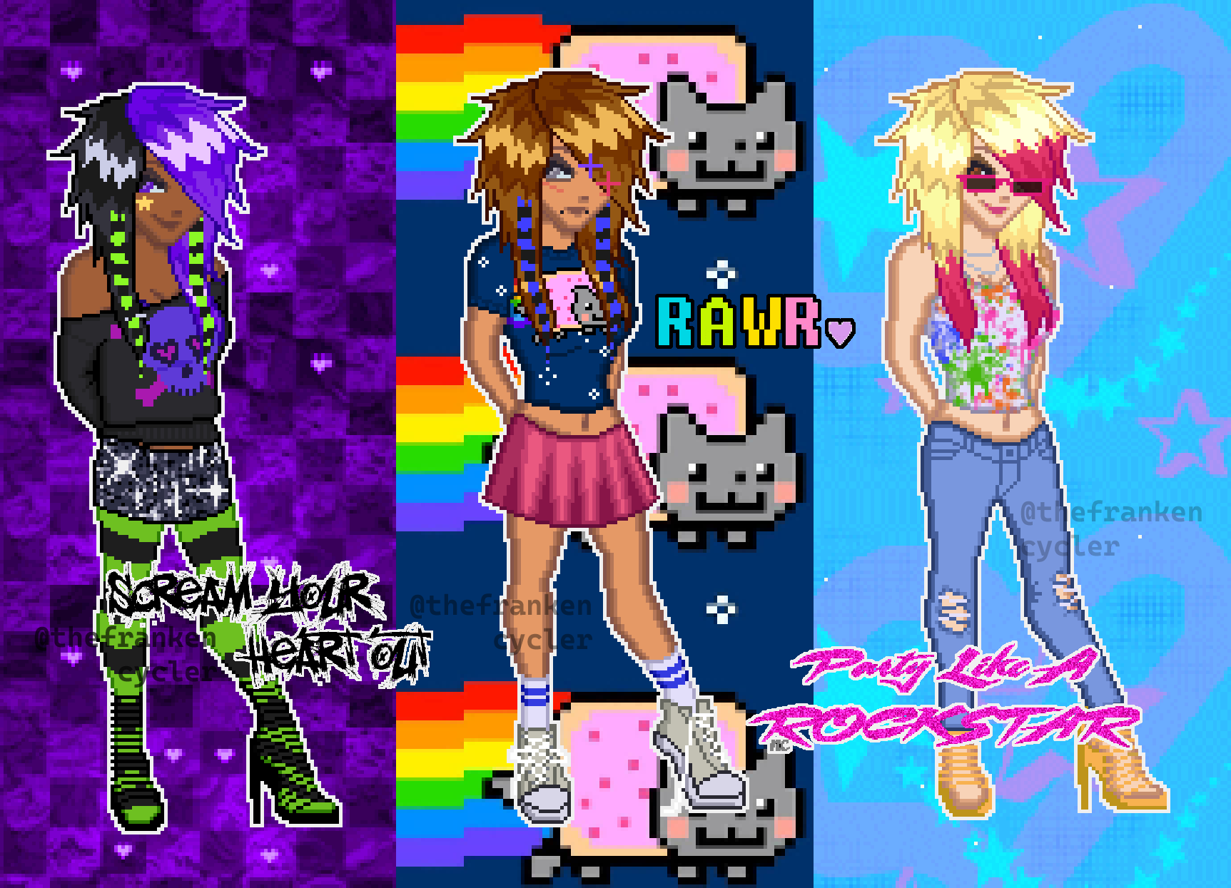 three pixel dolls wearing scene/emo style clothing and haircuts. to the left, a femme dark-skinned person wearing mainly purple and green, and a sweater with a skull on it, is in front of a purple checkerboard background, with text that reads 'scream your heart out.' in the middle, a femme person with a tan skintone wearing blue and pink, with nyan cat on her t-shirt and nyan cat in the background, and with text that reads 'rawr.' and on the right, a femme light-skinned person in jeans and a splatterpaint top, in front of a background of blue and pink hearts, and with text reading 'party like a rockstar.'