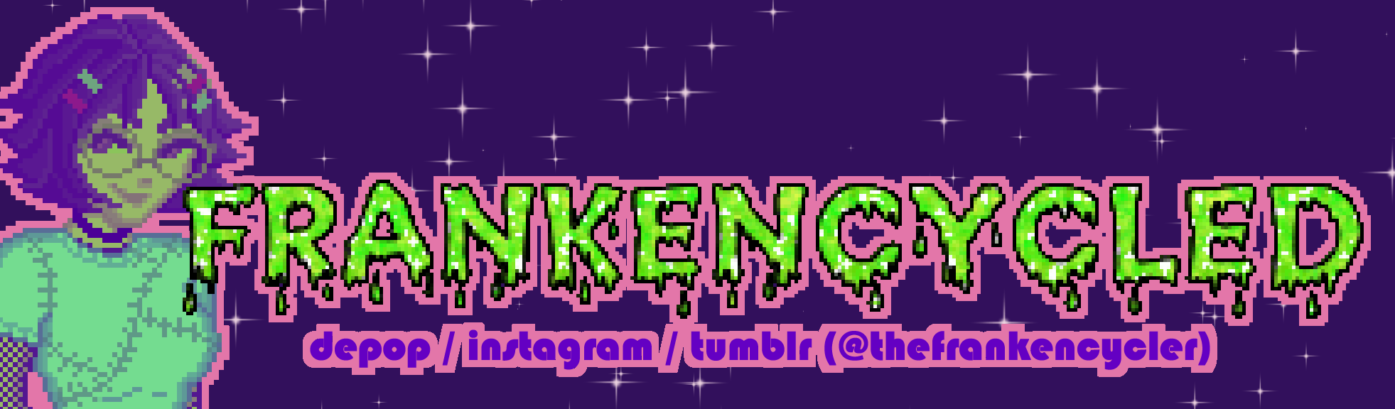 the logo for Frankencycled: 'Frankencycled' is written in large green pixelated letters that appear to be dripping slime. underneath, smaller purple text reads 'depop / instagram / tumblr (@thefrankencycler).' on the far left is a pixel doll from the waist up; it depicts the webmaster in stylized colors, mainly purple and green. they have light skin, round glasses, choppy bobbed hair, a stitched-together looking t-shirt, and they are smiling. the background of the logo is purple with scattered sparkles.