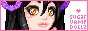 an animated 88 by 31 pixel website button reading 'sugar vamp dolls' with pink text and a purple background. on the left is pixel art of the face of a person with light skin, long black hair, yellow eyes, and ram horns, who blinks twice and then smiles.
