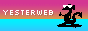 an animated 88 by 31 pixel website button reading 'yesterweb.' it depicts a neon blue ocean against a neon pink sky, with a silhouette of a lizard in sunglasses standing on a surfboard in the water.